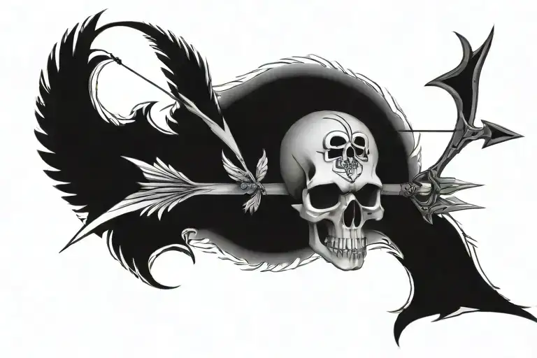 Skull With Wings On The Side And Arrow Passing Through The Skul Downwards