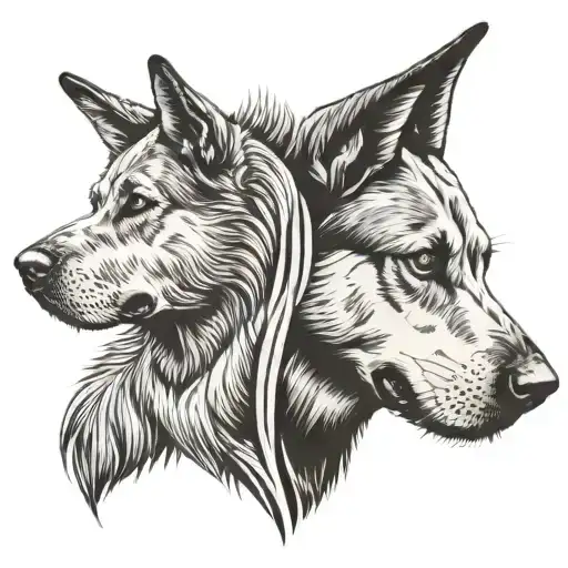 Two Dog Heads In Profile And Opposite