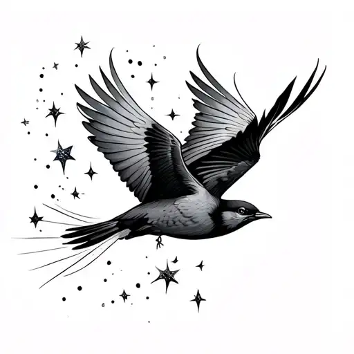 Bird Flying On Side Of Torso With Trail Of Stars Behind It