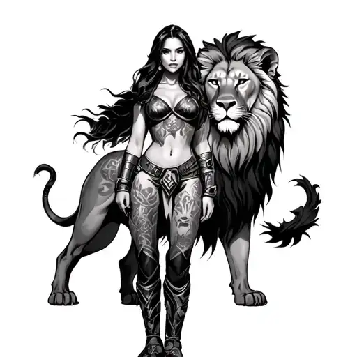 Female Warrior Standing With Lion