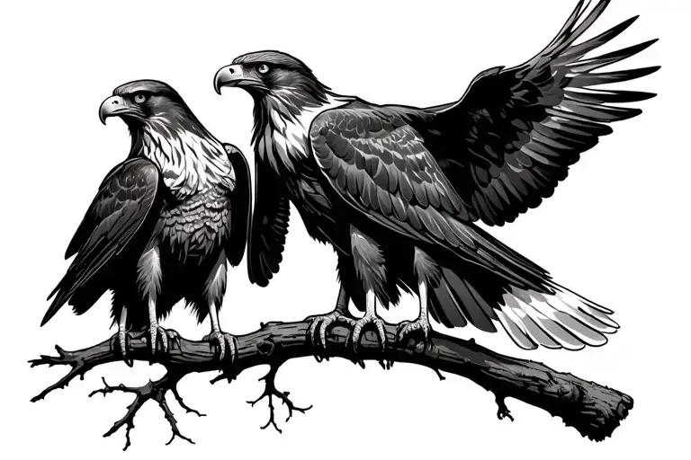 A Father Golden Eagle Sitting On A Branch Looking At His 2 Sons