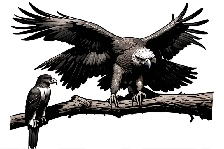 A Father Golden Eagle Sitting On A Branch Looking At His 2 Sons