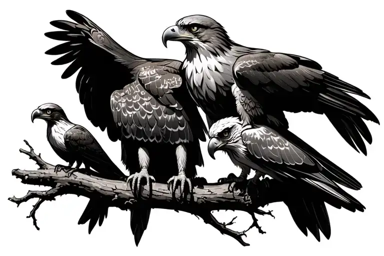 A Father Golden Eagle Sitting On A Branch Looking At His 2 Sons