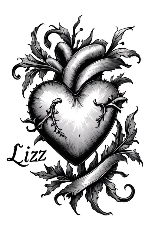Heart With The Name Lizz On The Edges In Black And White