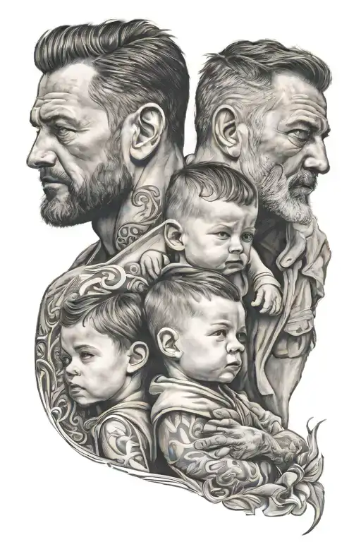 Father And Two Kids Shoulder