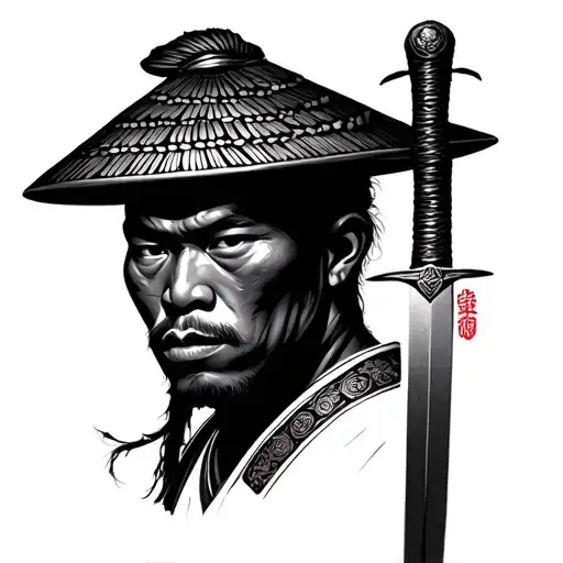 African American Samurai Portait With A Sword And Rice Hat