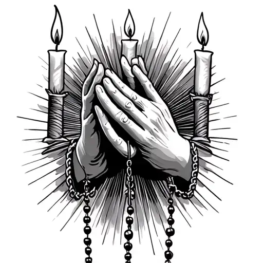 Two Burning Candles On The Sides Of Praying Hands Holding A Rosary With Rays In The Background
