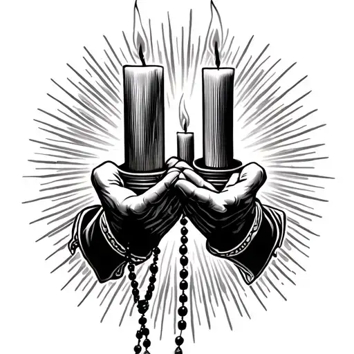 Two Burning Candles On The Sides Of Praying Hands Holding A Rosary With Rays In The Background