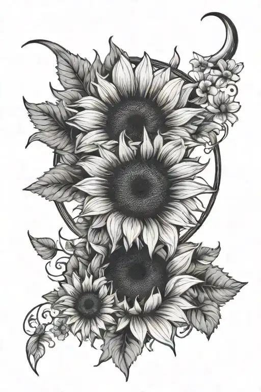 Sunflower And Daisy Flowers With Crescent Moon Inside