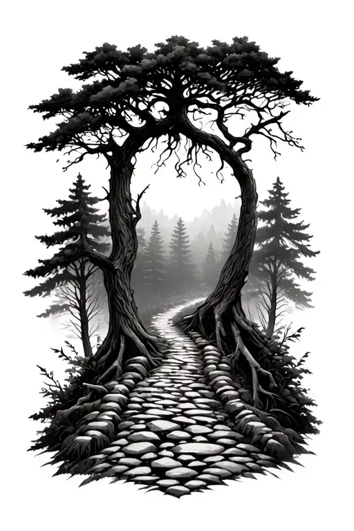 Deep Forest Gravel Path Leading To Yggdrasil