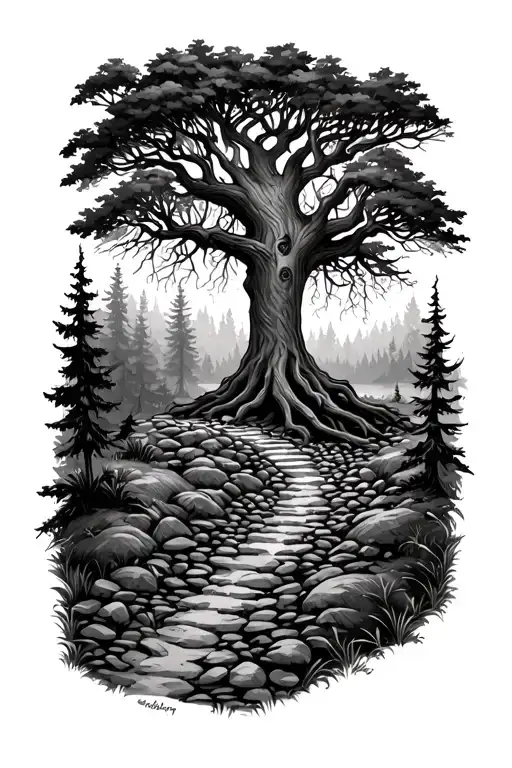 Deep Forest Gravel Trail Leading To Yggdrasil