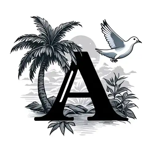 Letter 'A' With A Palm Tree And Dove