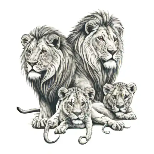 Lion And Lioness With Four Cubs