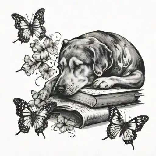 A Book With A Sleeping Dog Curled Up On Top And Butterflies Fluttering Around It