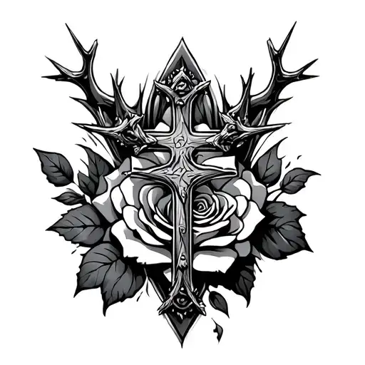 Cross With Thorn Crown And Rose Background