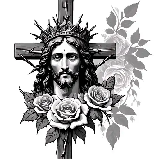 Jesus Cross With Thorn Crown And Rose Background