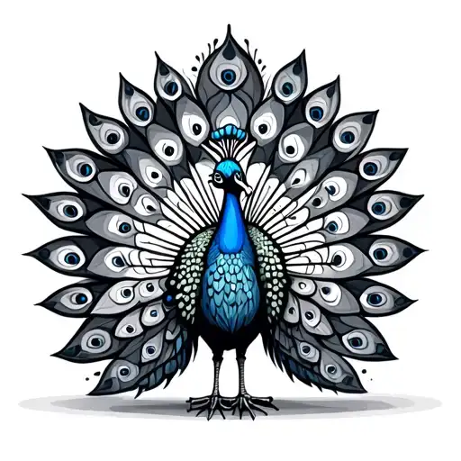 Patchwork Peacock Cartoon Frontview Black And Grey Style