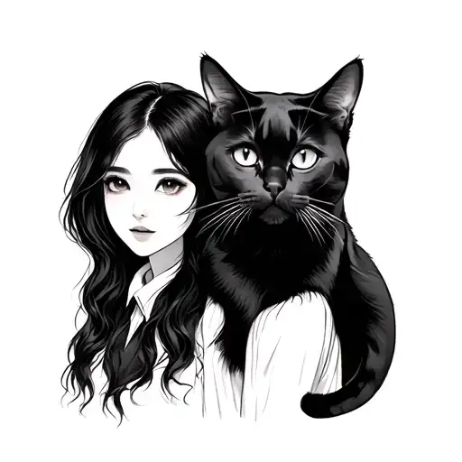 Black Cat And A Girl With Asian Features