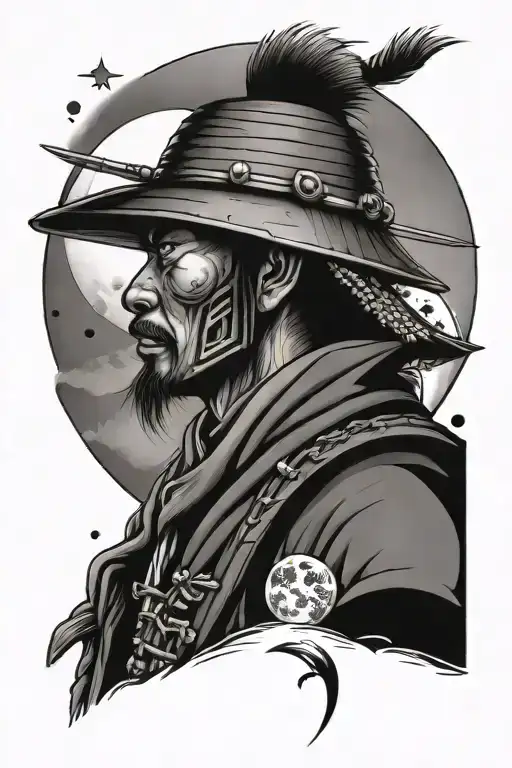 Traditional Samurai Wearing A Straw Hat Looking At The Moon