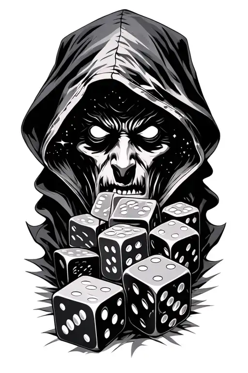 Hooded Figure With Cosmic Face Rolling Dice Of Fate