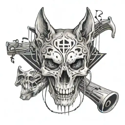 Wolf Skull And Human Skull Surrounded By Musical Notes