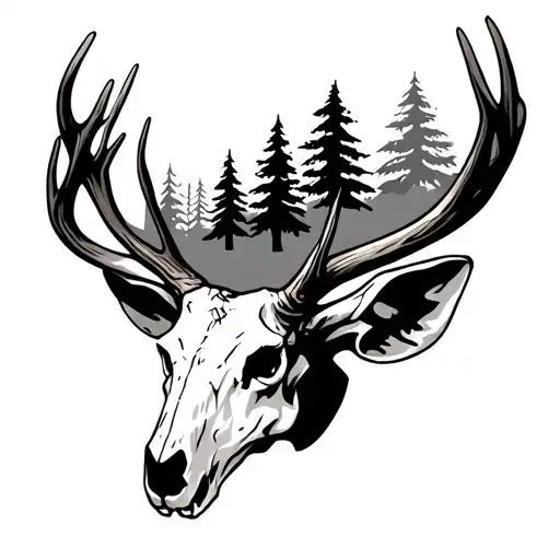 Elk Skull And Antlers 4 Pine Trees Inside The Antlers