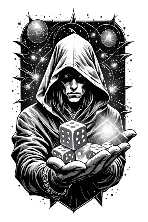 Hooded Figure With Cosmos Under Hood Rolling Dice Of Fate With Hand