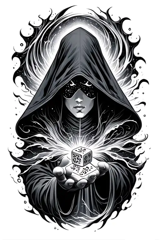 Hooded Figure With Cosmos Under Hood Emerging From Swirling Vortex Rolling Dice Of Fate With Hand