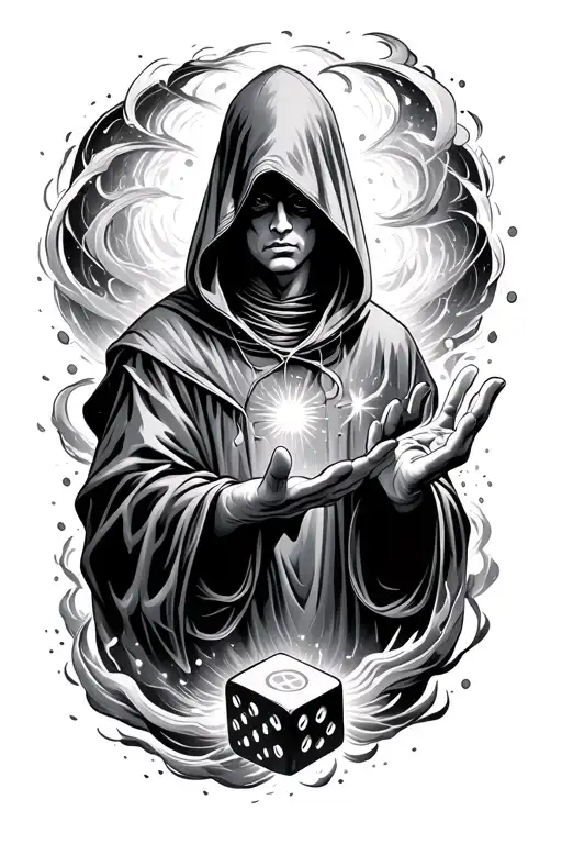 Hooded Figure With Cosmos Under Hood Emerging From Swirling Vortex Rolling Dice Of Fate With Hand