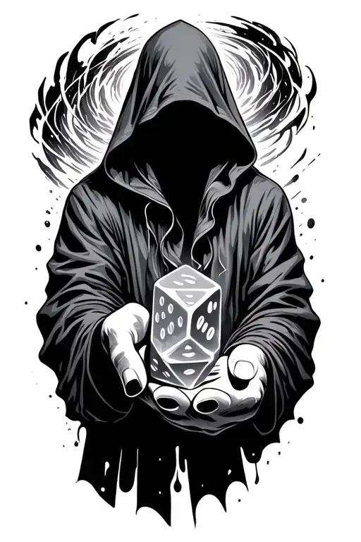 Hooded Figure With No Face Above Swirling Vortex Rolling Dice Of Fate With Hand