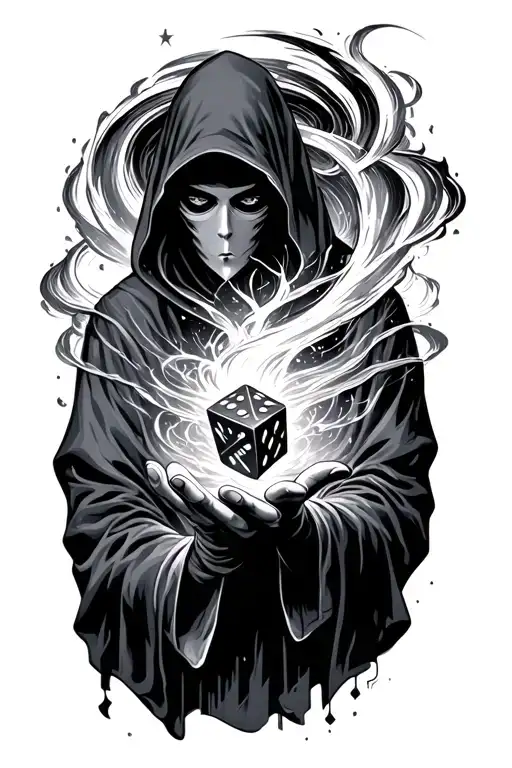 Hooded Figure With No Face Under Swirling Vortex Rolling Dice Of Fate With Hand