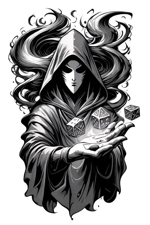 Hooded Elemental With No Face Under Swirling Vortex Rolling Dice Of Fate With Hand