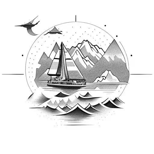 A Mountain Range Silhouette With A Sailboat Sailing Through It