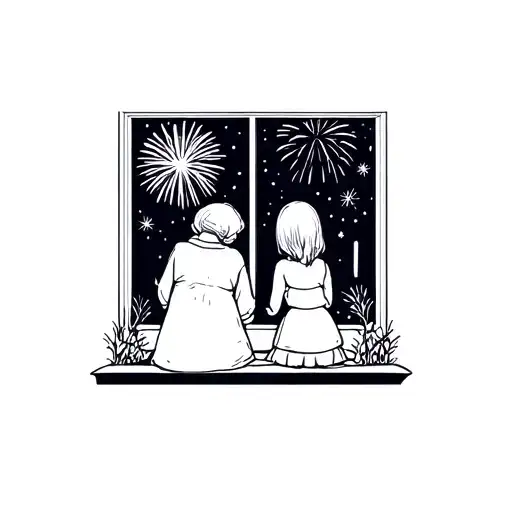 Minimalist Line Tattoo Of A Grandma And A Girl Sitting By The Window Watching Fireworks