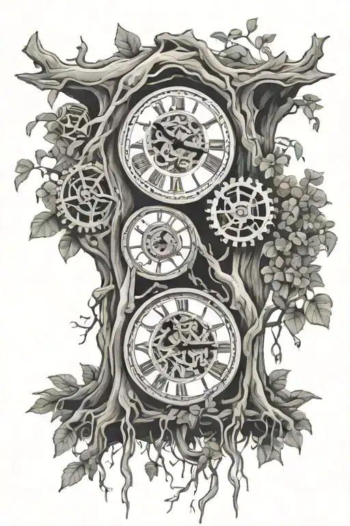 2 Clocks With Gears Hanging From The Roots Of A Banyan Tree In Florida With Four Leaf Clovers