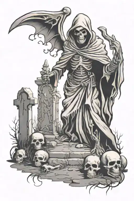 Grim Reaper In A Creepy Graveyard Holding A Sycthe Walking Into The Graveyard
