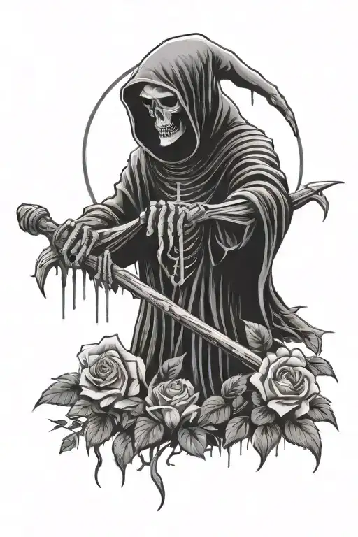 Grim Reaper In A Creepy Graveyard Holding Roses