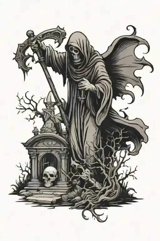 Grim Reaper In A Creepy Graveyard Holding A Sycthe Walking Into The Graveyard
