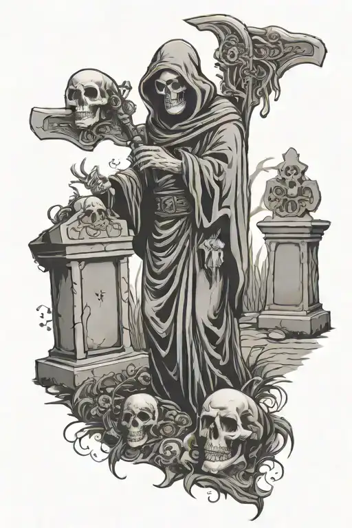 Gothic Grim Reaper In Graveyard Scene With Tombstones