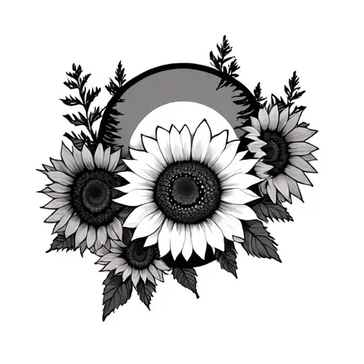 Sunset Sunflowers Hourglass Pine Trees