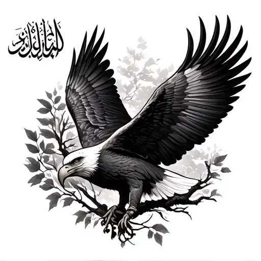 Cider Tree With Arabic Calligraphy Tattoo Eagle Flying Behind It