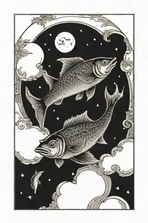 Moon Tarot Card With Fish Swimming