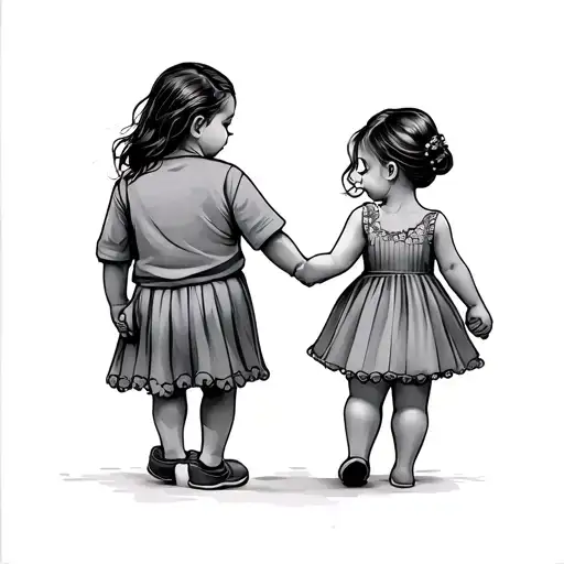 6 Year Old Girl And 2 Year Old Girl Holding Hands With Dad