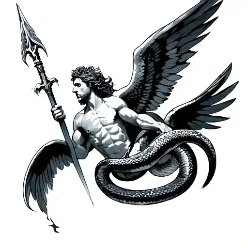 Falling Icarus With Spear Stabbed And A Snake Coiled