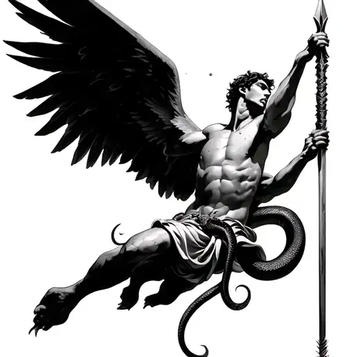 Icarus Falling On The Sky While A Spear Stabbed On His Chest And A Snake Coiled On It