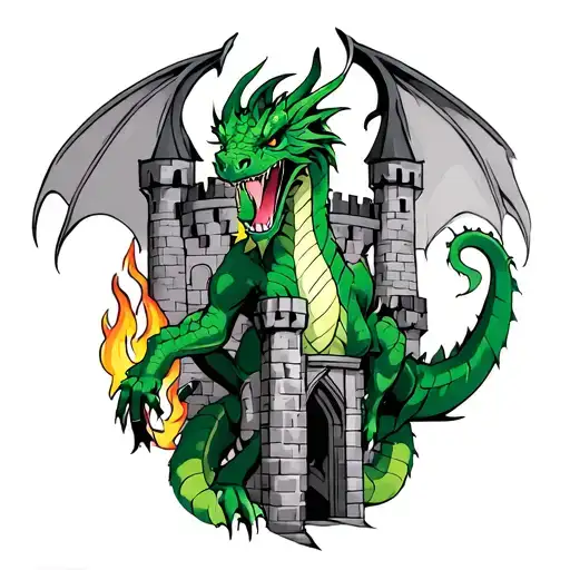 Green Dragon In Castle With Fire