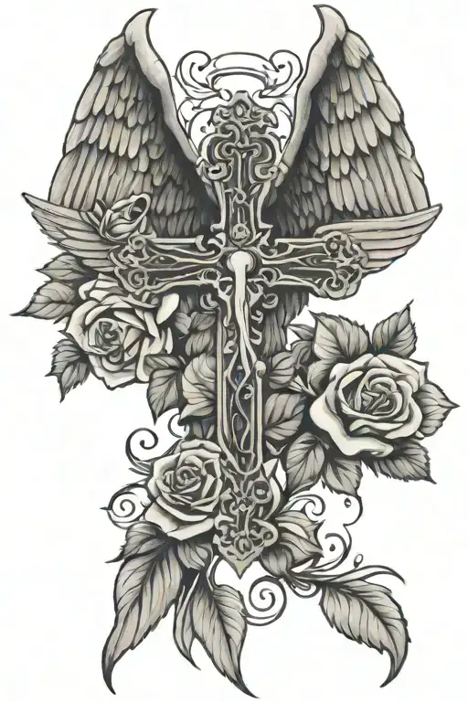 Cross And Roses With Angel Wings