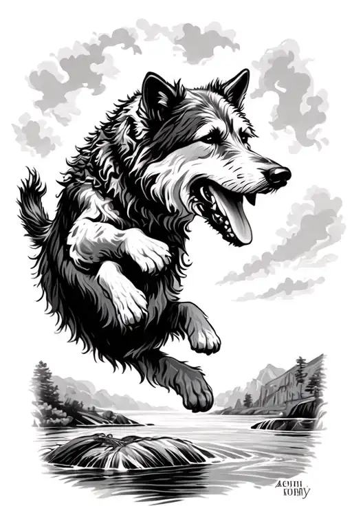 Irish Wolfhound Leaping Over River Scene