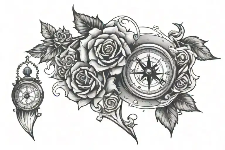 Mix Of Sandclock Roses Compass And Surrounded With Little Stars