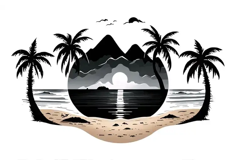 Beach Scene With Palm Trees Mountains Panorama